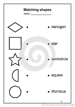 Geometry shape matching game. educational geometric shapes game. printable learning material for kids . black and white printables Vector Illustration