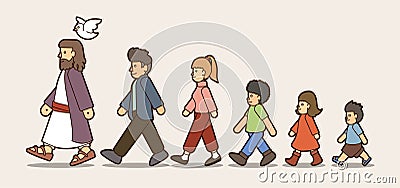 Walk with Jesus, Follow Jesus cartoon graphic Vector Illustration