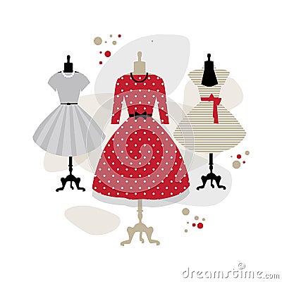 Set lady vintage accessories, women`s vintage dresses, retro style, 50`s and 60`s Vector Illustration