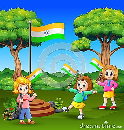 Cute little kids holding national flag and enjoying on nature background Vector Illustration