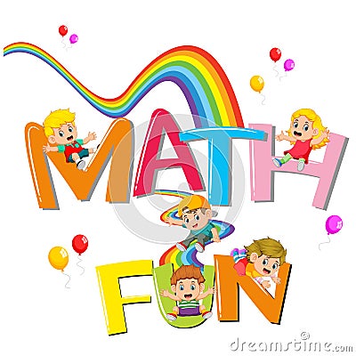 Font design for word math is fun with kids sliding on the rainbow Vector Illustration