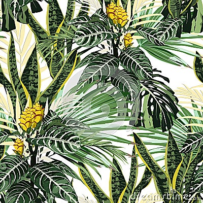 Seamless pattern, bright green colors palm leaves and tropical exotic yellow flowers. Stock Photo