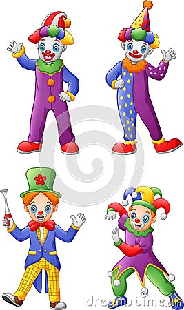 Set Of Colorful Friendly Clowns In Classic Outfits Vector Illustration