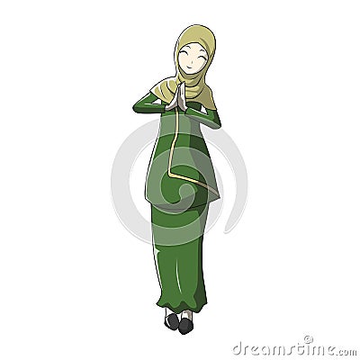 Cartoon Hijab muslimah Vector green color Vector Illustration