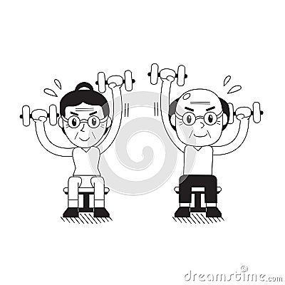 Cartoon senior man and woman doing alternate seated dumbbell press exercise Vector Illustration