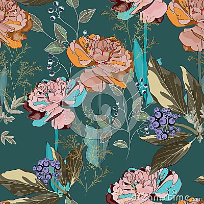 Spring bouquets on the vintage dark green background. Seamless pattern with delicate flowers. Vector Illustration