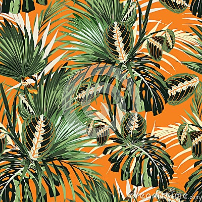 Summer Hawaiian seamless pattern with many types of palm leaves. Exotic botanical wallpaper, Hawaiian style. Stock Photo