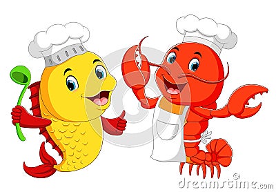Cute lobster chef and fish chef cartoon Vector Illustration