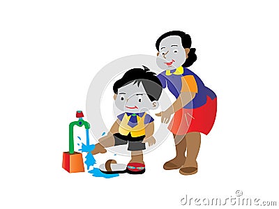 A mother teaches children to wash their feet Stock Photo