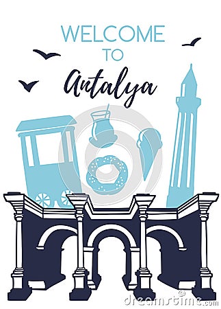 Welcome to Antalya. Travel to Turkey concept. Vector Illustration