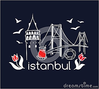 Modern vector illustration Istanbul with hand drawn doodle turkish symbols: Galata tower, tea glass, seagull, tulip, Bosphorus bri Vector Illustration