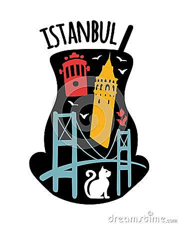 Istanbul, Turkey. Travel illustration of famous turkish symbols: Galata tower, Bosphorus bridge, retro tram, cat, tulip, seagull. Vector Illustration