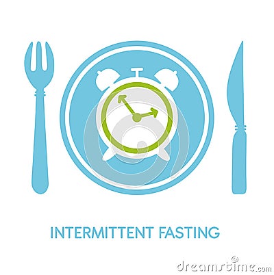 Intermittent Fasting. Vector illustration of a plate with a fork, a knife, a clock and place for your text. Vector Illustration