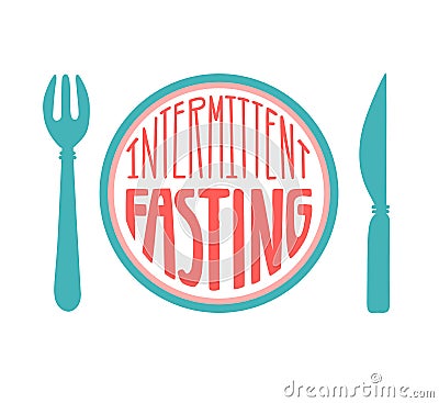 Intermittent Fasting. Hand drawn lettering illustration of a plate with a fork and a knife in blue and pink colors. Vector Illustration