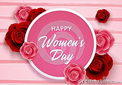 8 March International Women`s Day with roses flowers and circle frame Vector Illustration