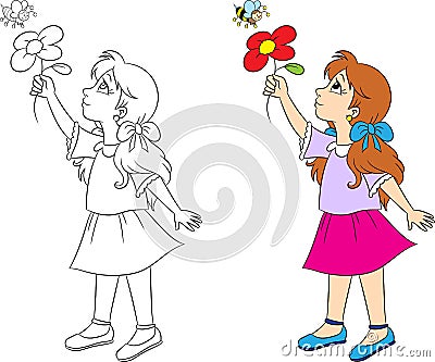 Before and after,contour and color kawaii drawing of a girl showing a flower to a bee for children`s coloring book or game Vector Illustration