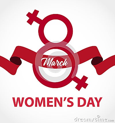 March 8 International Women`s Day greeting card with red ribbon Vector Illustration