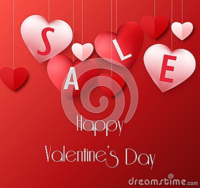 Valentines Day background with hanging heart sale balloons Vector Illustration