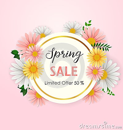 Spring sale background with beautiful flower and round frame Vector Illustration