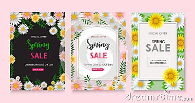Set of Spring sale background banner with beautiful flower Vector Illustration