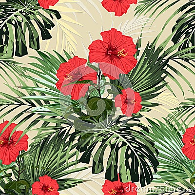 Summer colorful Hawaiian seamless pattern with tropical plants, palms leaves and red hibiscus flowers. Stock Photo