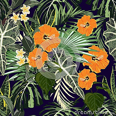 Summer colorful Hawaiian seamless pattern with tropical plants, palms leaves and orange hibiscus Vector Illustration