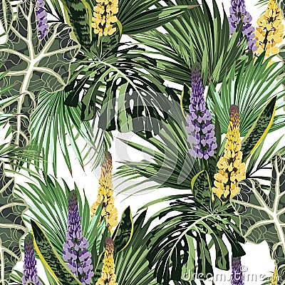 Tropical jungle plants, lupines flowers and palm monstera leaves on white background. Stock Photo