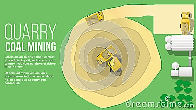 Quary coal mininig aerial view concept form above showing turck loading from excavator and miling coal mining industry flat style Vector Illustration