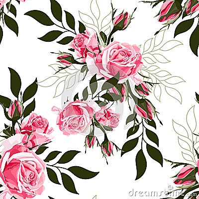 Pink rose and simple green leaves. Floral botanical flower. Seamless background pattern. Vector Illustration