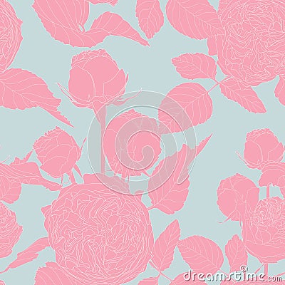 Vintage seamless pattern with pink line garden roses on blue backdrop. Vector Illustration