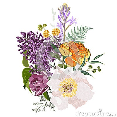 Floral illustration, Leaf and buds. Botanic composition for wedding, greeting card. Cartoon Illustration