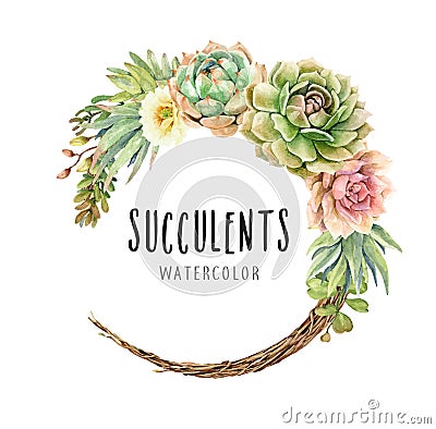 Watercolor Cacti and Succulents on vine wreath Stock Photo