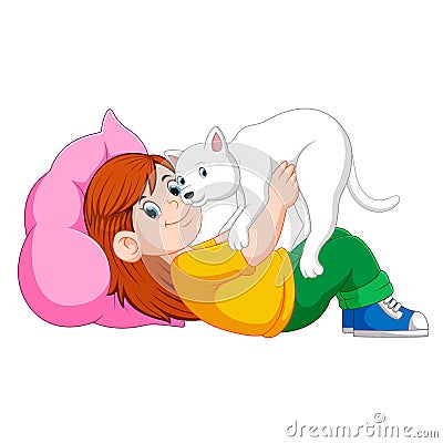 Little girl relaxing on the bed with her kitten Vector Illustration