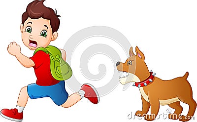 Cartoon schoolboy running away from angry dog Vector Illustration