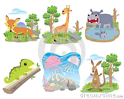 Vector animal set, Fox, giraffe, hippo, chameleon, jellyfish, kangaroo, Stock Photo