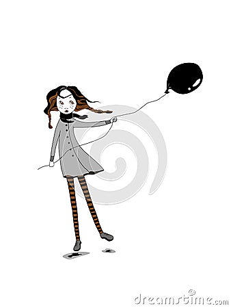 Cute cartoon girl with black baloon. Vector Illustration