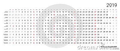 Creative wall calendar 2019 with horizontal white clear design, scarlet color sundays selected, english language. Stock Photo