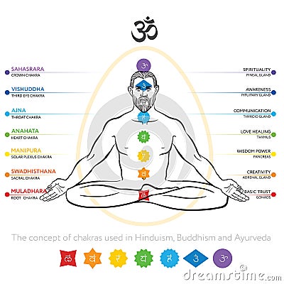 Chakras system of human body - used in Hinduism, Buddhism and Ayurveda. Man in padmasana - lotus asana. For design, associated wit Stock Photo