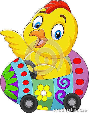 Cartoon baby chick riding an easter egg car Vector Illustration