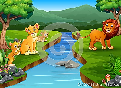 Happy lion family playing on the nature Vector Illustration