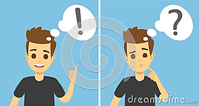 Smart young man thinking, understands problem and finds successful solution, vector cartoon characters isolated. Young man charact Vector Illustration