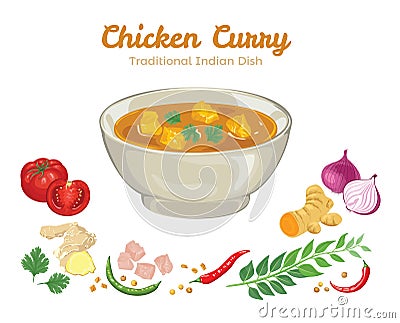 Chicken curry. Vector illustration of popular food Cartoon Illustration