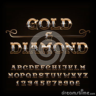 Gold & diamond alphabet font. Ornate golden letters and numbers with diamonds. Vector Illustration