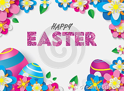 Happy Easter Card with 3D Colorful Eggs and Papercraft Flowers and Leafs. Spring Event Vector Illustration. Place Your Text Stock Photo