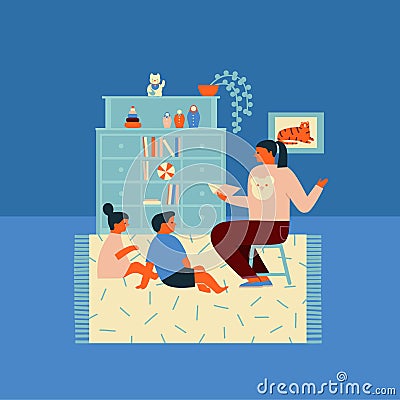 Mother reading book telling story to kids spending time at home, child girl and boy enjoying listening a story Vector Illustration