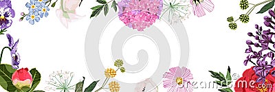 Spring sale background banner, frame with beautiful many kind of flower. Stock Photo