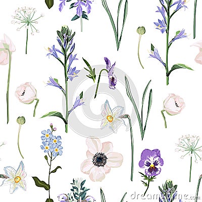 Meadow flowers, grass, garden herbs. Seamless herbal background in light colors for fashion design. Cartoon Illustration