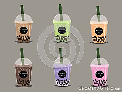 The bubble milk tea.Black pearl milk tea is famous drink many cup vector. Stock Photo