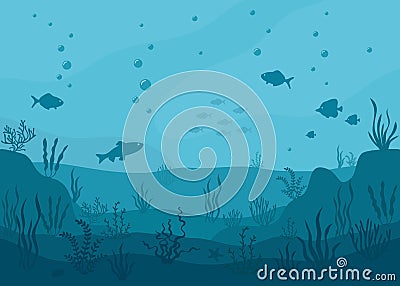 Sea underwater background. Marine sea bottom with underwater plants, corals and fishs. Vector Illustration