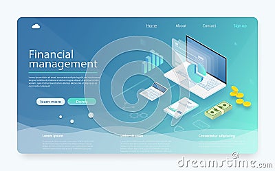 Financial management concept. Investment and virtual finance. Financial calculations, counting profit, report, statistics Vector Illustration